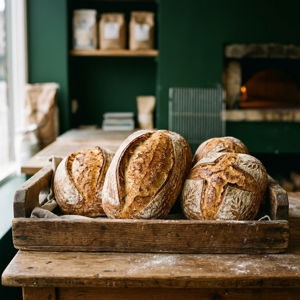 Fresh artisan loaves cooling in wooden crate