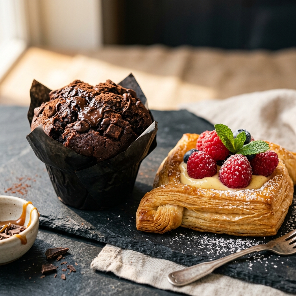 A moist chocolate muffin alongside a delicate fresh raspberry tart
